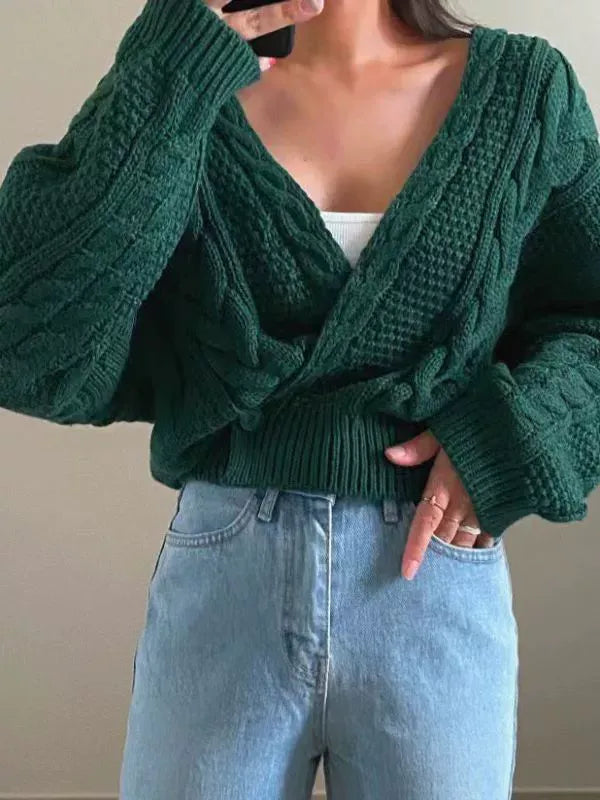 Women’s Sweater – Wool Knit – Oversized Fit – Asymmetric V-Neck – Cable Stitch