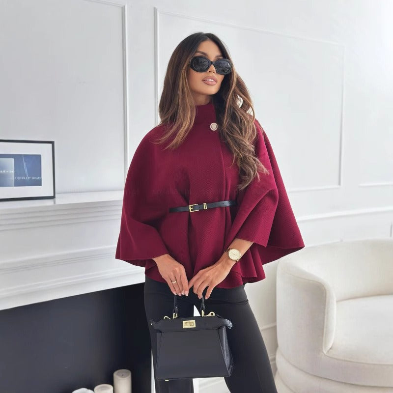 Women’s Cape Coat – Wool Blend – Tailored Fit – High Neck – Belted Waist Elegance