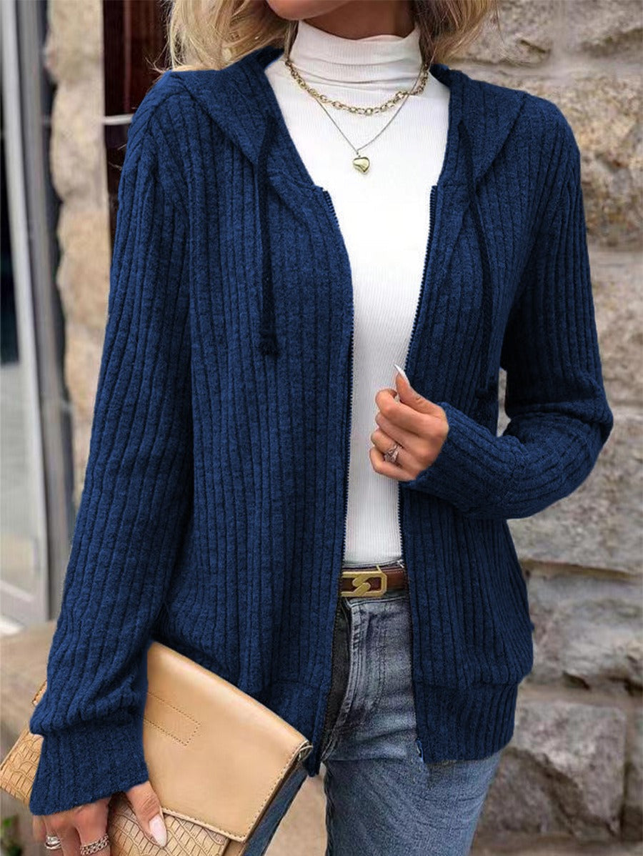 Women’s Knit Sweater – Relaxed Fit – Ribbed Texture – Zip Front – Hooded – Long Sleeve