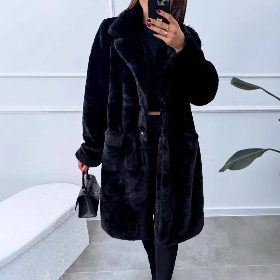 Women’s Long Coat – Plush Feel – Oversized Fit – Wide Lapel – Front Pockets