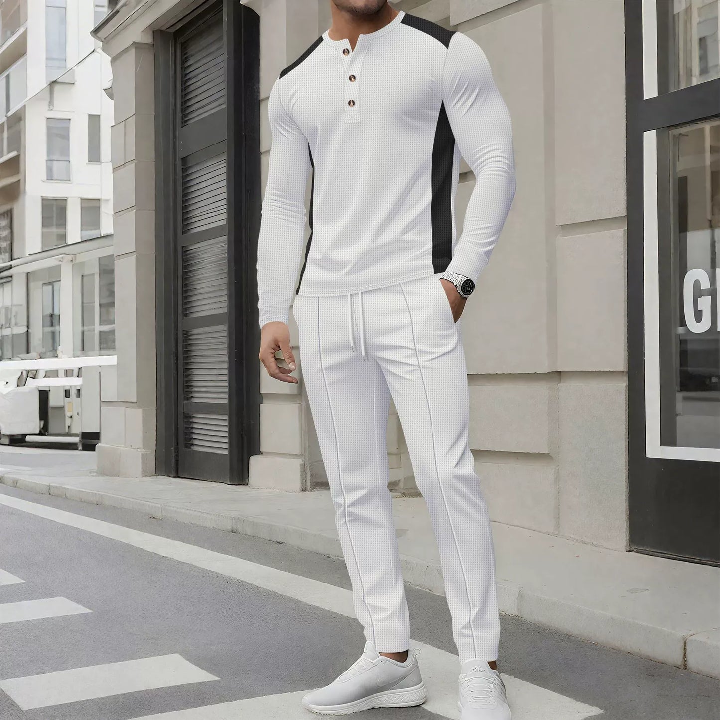 Men’s Two-Piece Set – Slim Fit Henley Shirt and Pants – Waffle Knit – Long Sleeve