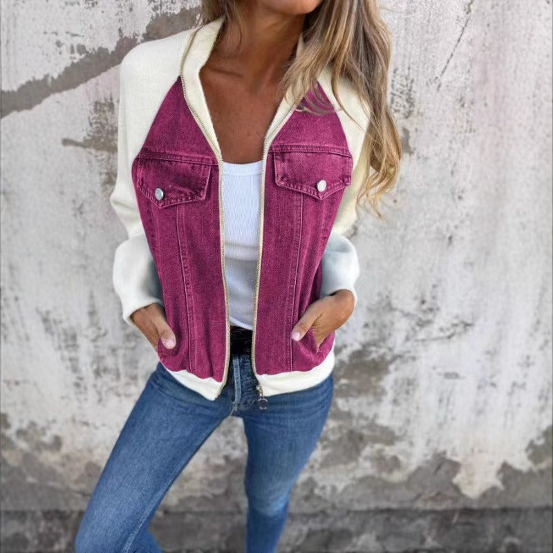 Women’s Denim Jacket – Relaxed Fit – Patchwork Design – Button Front Casual Layer