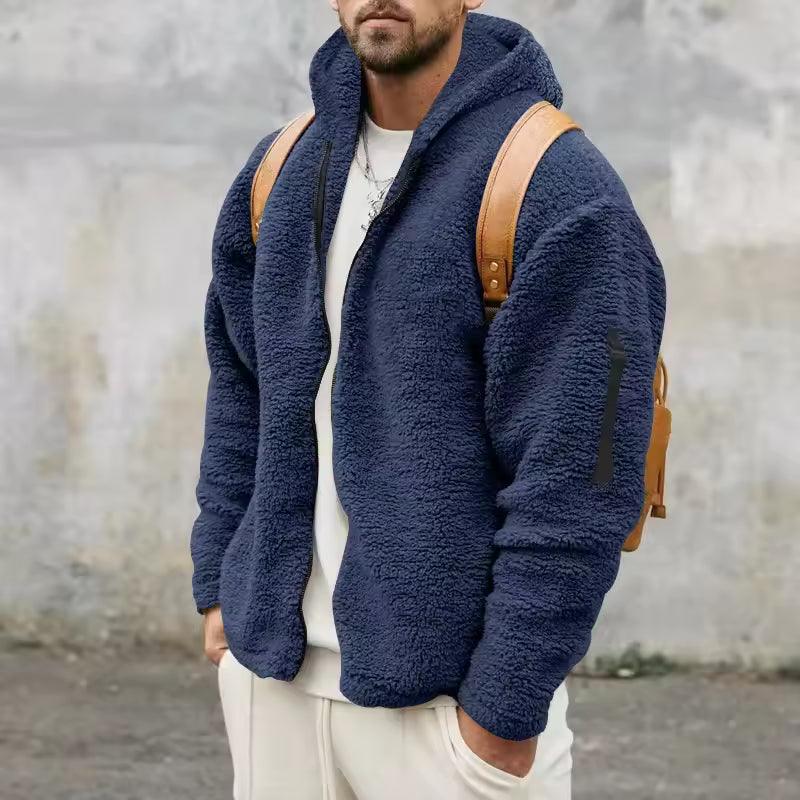 Men’s Fleece Coat – Oversized Fit – Hooded – Soft Texture – Zip Front – Arm Pockets