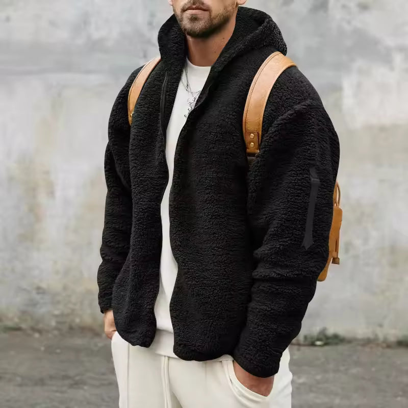 Men’s Fleece Coat – Oversized Fit – Hooded – Soft Texture – Zip Front – Arm Pockets