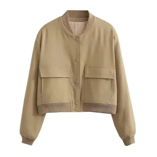 Women’s Bomber Jacket – Relaxed Fit – Cropped Length – Button Front – Flap Pockets