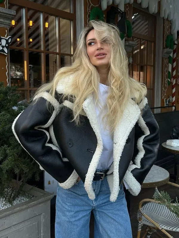 Women’s Cropped Jacket – Oversized Fit – Faux Shearling Lining – Contrast Trim