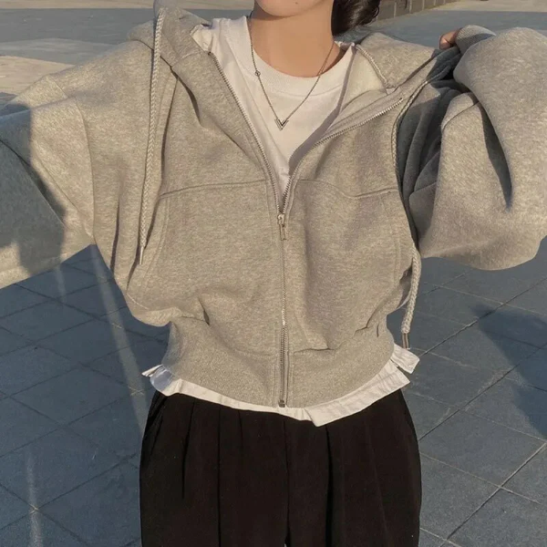 Women’s Cropped Zip-Up Hoodie – Oversized Fit – Cotton Blend – Drawstring and Pockets