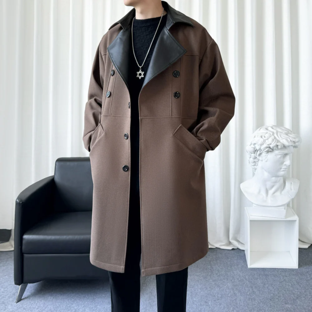 Men’s Long Coat – Wool Blend – Relaxed Fit – Notch Lapel – Contrasting Collar