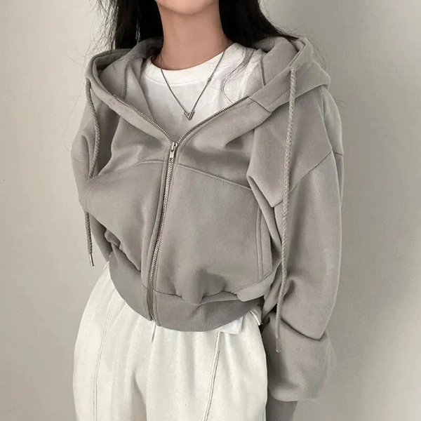 Women’s Cropped Zip-Up Hoodie – Oversized Fit – Cotton Blend – Drawstring and Pockets