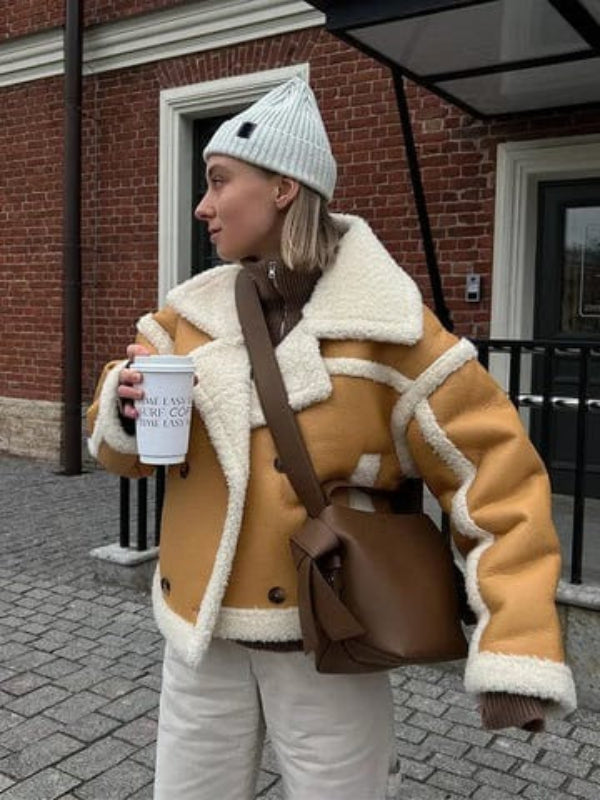 Women’s Cropped Jacket – Oversized Fit – Faux Shearling Lining – Contrast Trim