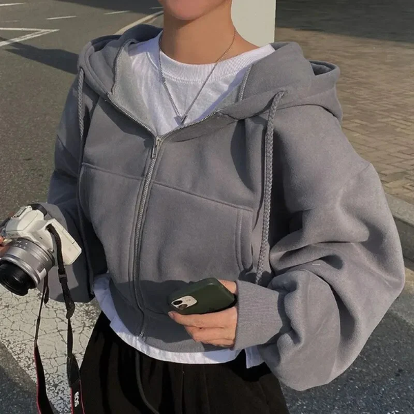 Women’s Cropped Zip-Up Hoodie – Oversized Fit – Cotton Blend – Drawstring and Pockets