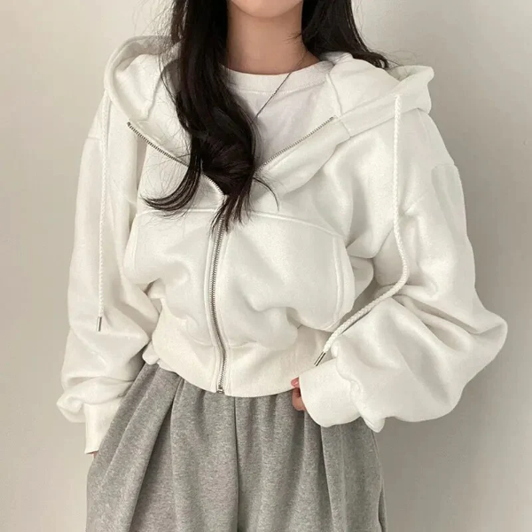 Women’s Cropped Zip-Up Hoodie – Oversized Fit – Cotton Blend – Drawstring and Pockets