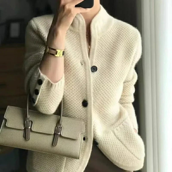 Women’s Cardigan – Relaxed Fit – Wool Knit – Waffle Texture – Button Front – Hip Length