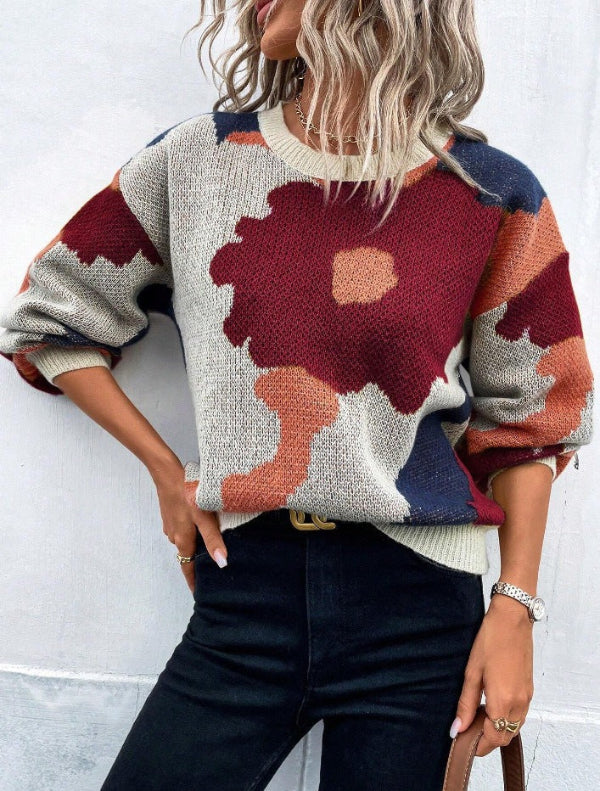 Women’s Sweaters – Wool Blend – Relaxed Fit – Balloon Sleeve – Floral Pattern – Round Neck