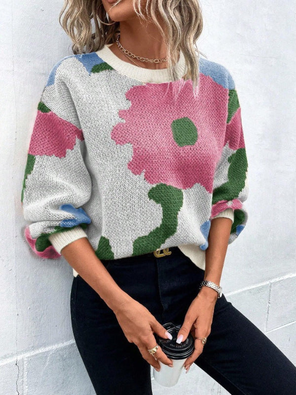 Women’s Sweaters – Wool Blend – Relaxed Fit – Balloon Sleeve – Floral Pattern – Round Neck