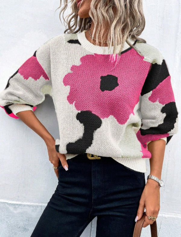 Women’s Sweaters – Wool Blend – Relaxed Fit – Balloon Sleeve – Floral Pattern – Round Neck