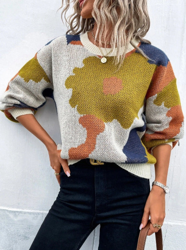 Women’s Sweaters – Wool Blend – Relaxed Fit – Balloon Sleeve – Floral Pattern – Round Neck