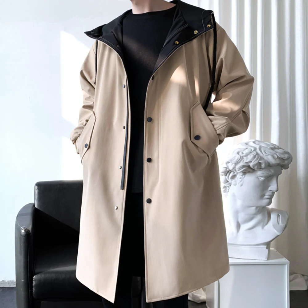 Men’s Long-Line Coat – Relaxed Fit – Hooded – Snap Button Front – Two-Tone Lining