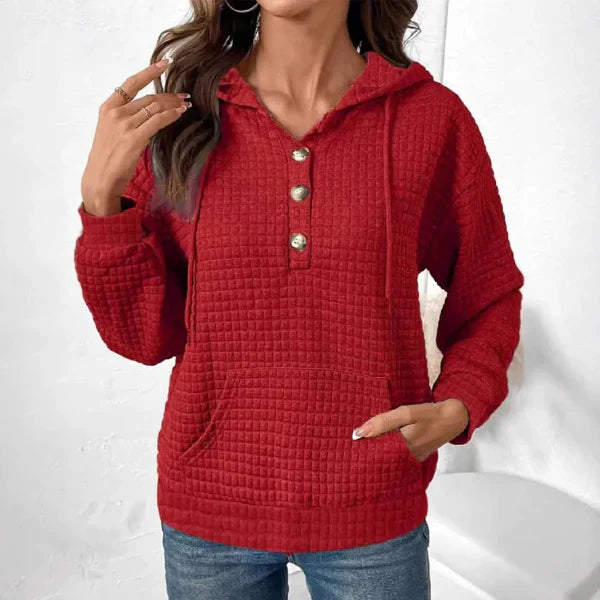 Women’s Hoodie – Quilted Fabric – Relaxed Fit – Button Front – Long Sleeve Casual Wear