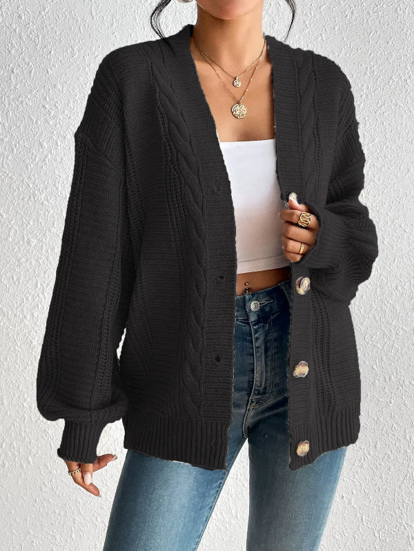 Women’s Knitted Cardigan – Cable Knit – Oversized Fit – Button Front – Ribbed Hem