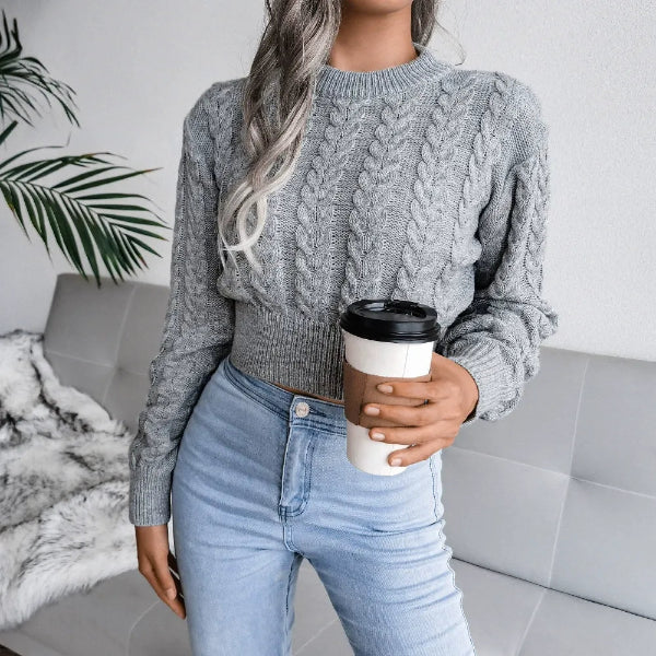 Women’s Crop Sweater – Wool Cable Knit – Crew Neck – Ribbed Hem – Long Sleeve Fit