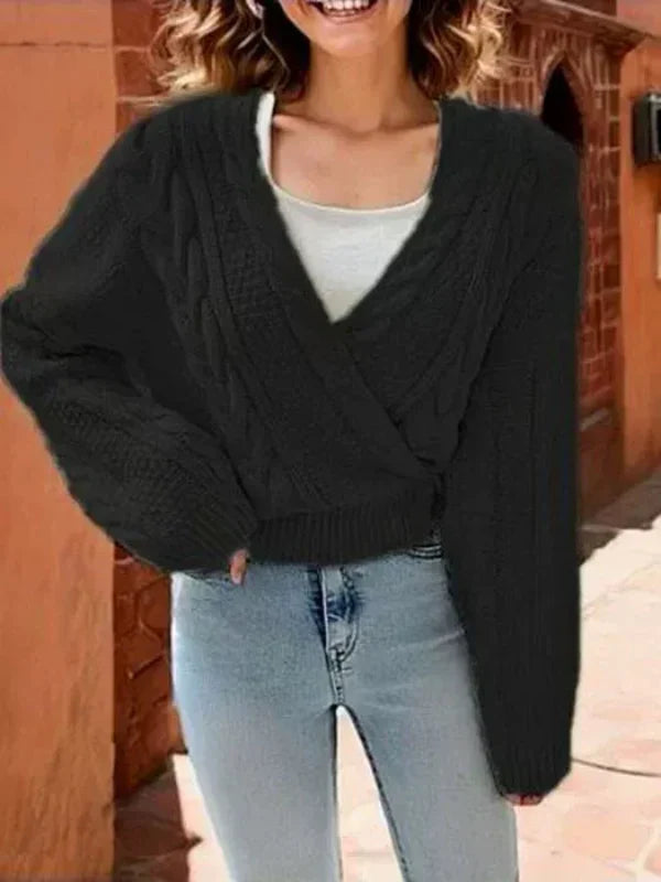 Women’s Sweater – Wool Knit – Oversized Fit – Asymmetric V-Neck – Cable Stitch