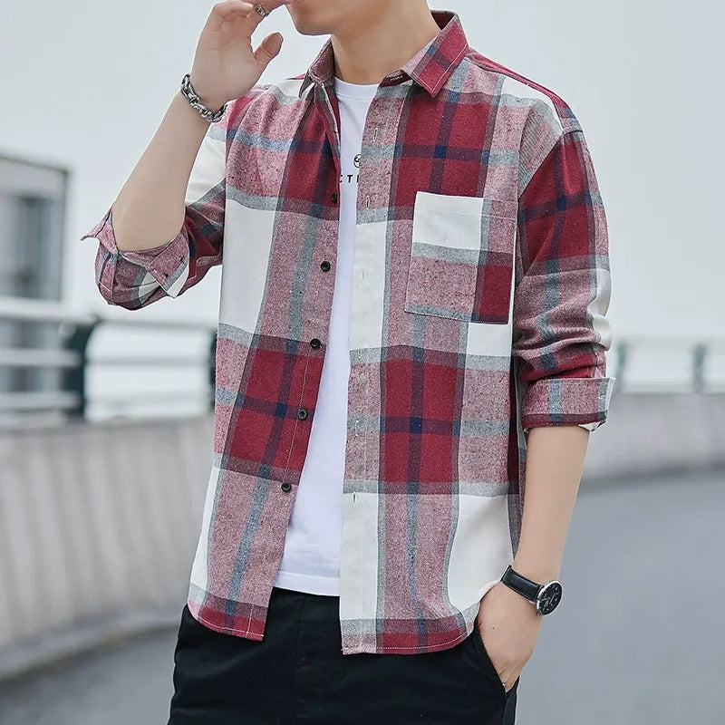 Men’s Button-Up Shirt – Loose Fit – Plaid Pattern – Long Sleeve – Soft Cotton