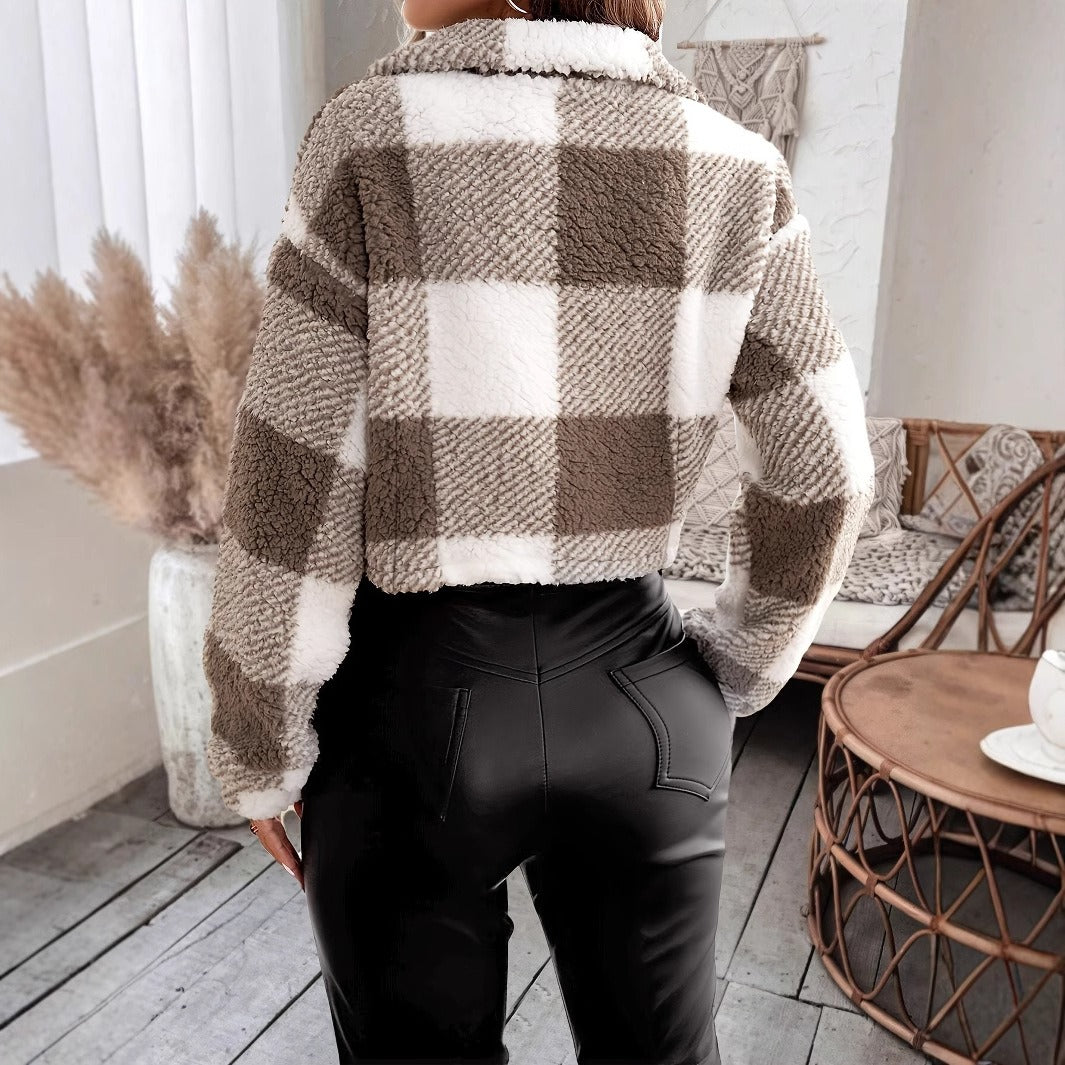 Women’s Cropped Coat – Relaxed Boxy Fit – Textured Sherpa – Full Zip Front