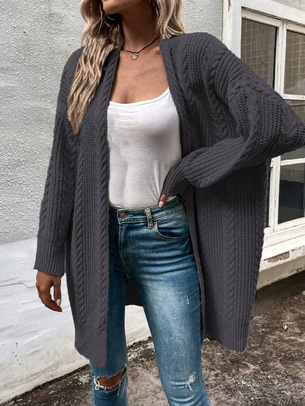 Women’s Cardigan – Wool Knit – Cable Texture – Open Front – Relaxed Fit Mid-Length