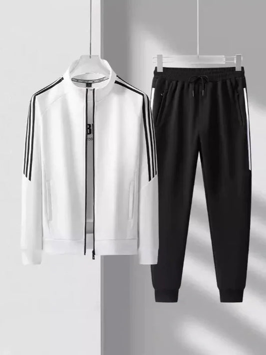 Men’s Tracksuit Set – Regular Fit – High Collar Jacket – Tapered Jogger – Striped Trim