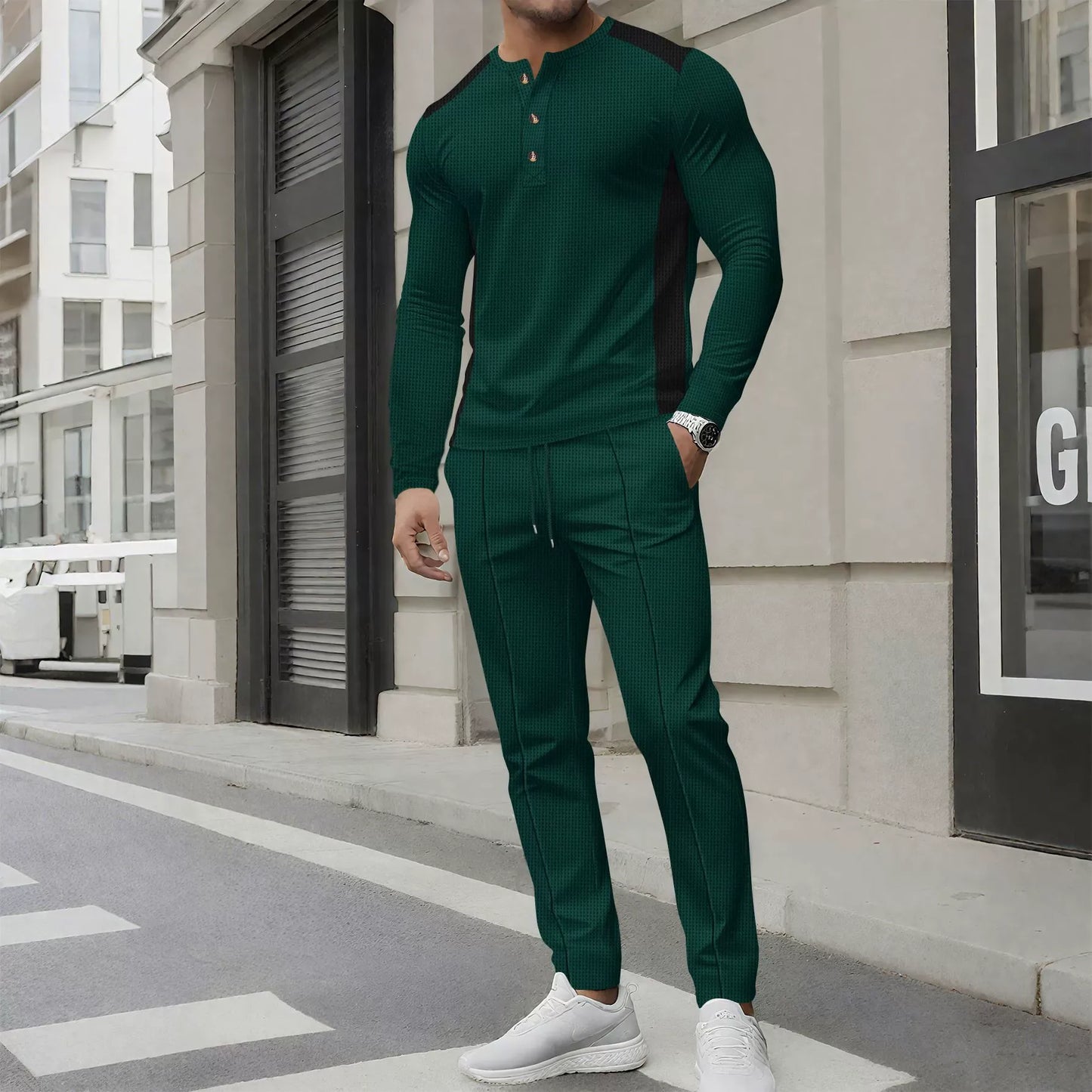 Men’s Two-Piece Set – Slim Fit Henley Shirt and Pants – Waffle Knit – Long Sleeve