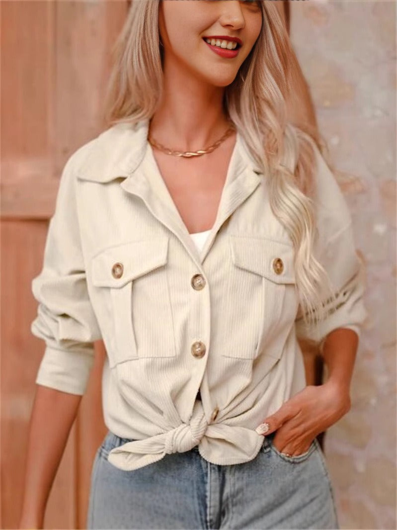 Women’s Corduroy Shacket – Relaxed Fit – Button Front – Long Sleeve – Hip Length