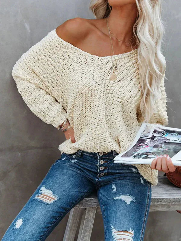 Women’s Pullover Sweater – Relaxed Fit – Textured Knit – V-Neck – Off Shoulder Style