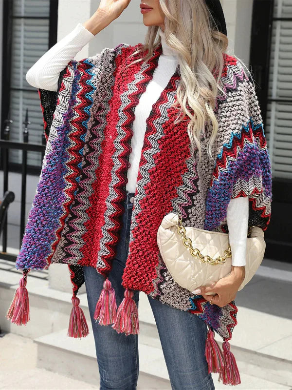 Women’s Cape Cardigan – Knitted Oversized Fit – Fringe Hem – Zigzag Boho Design