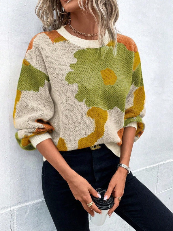 Women’s Sweaters – Wool Blend – Relaxed Fit – Balloon Sleeve – Floral Pattern – Round Neck