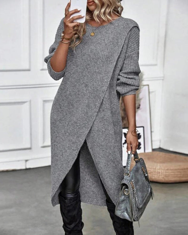 Women’s Pullover – Oversized Fit – Wool Knit – Asymmetrical Wrap – Long Sleeve