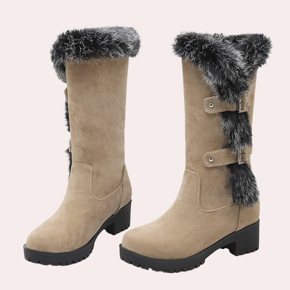 Women’s Knee-High Boots – Suede Touch – Faux Fur Trim – Lug Sole – Buckle Detail