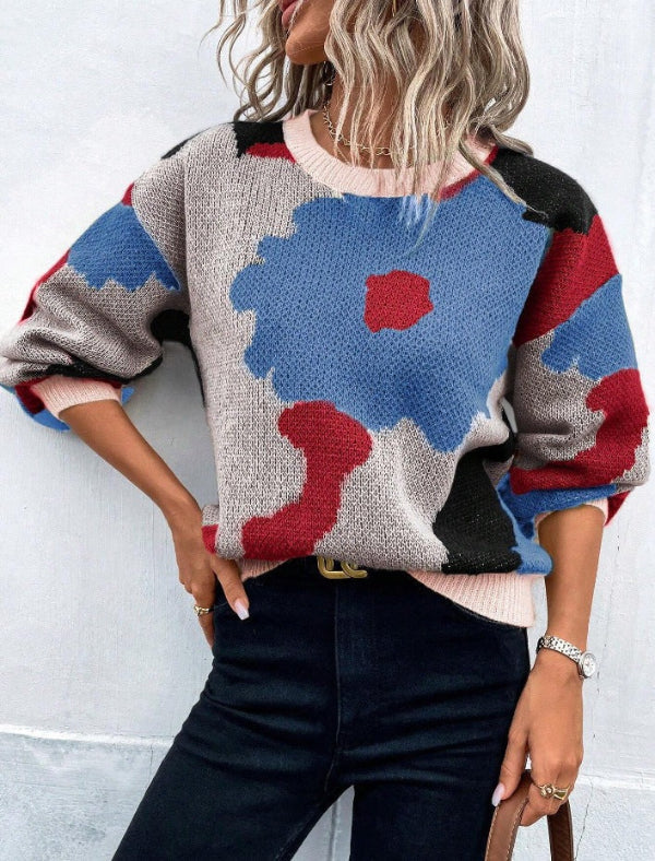 Women’s Sweaters – Wool Blend – Relaxed Fit – Balloon Sleeve – Floral Pattern – Round Neck