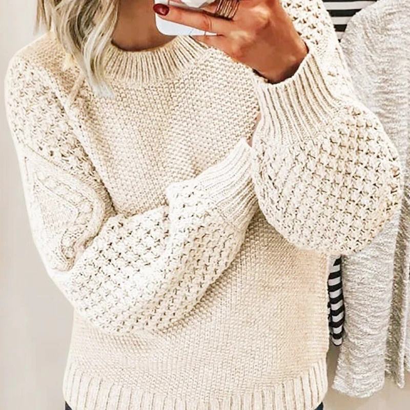 Women’s Knit Sweater – Wool Blend – Oversized Fit – Cable Knit – Crew Neck – Ribbed Hem