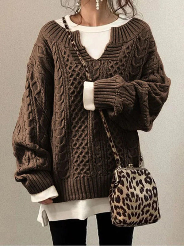 Women’s Sweater – Oversized Fit – Chunky Wool Knit – Cable Design – Notch Round Neck