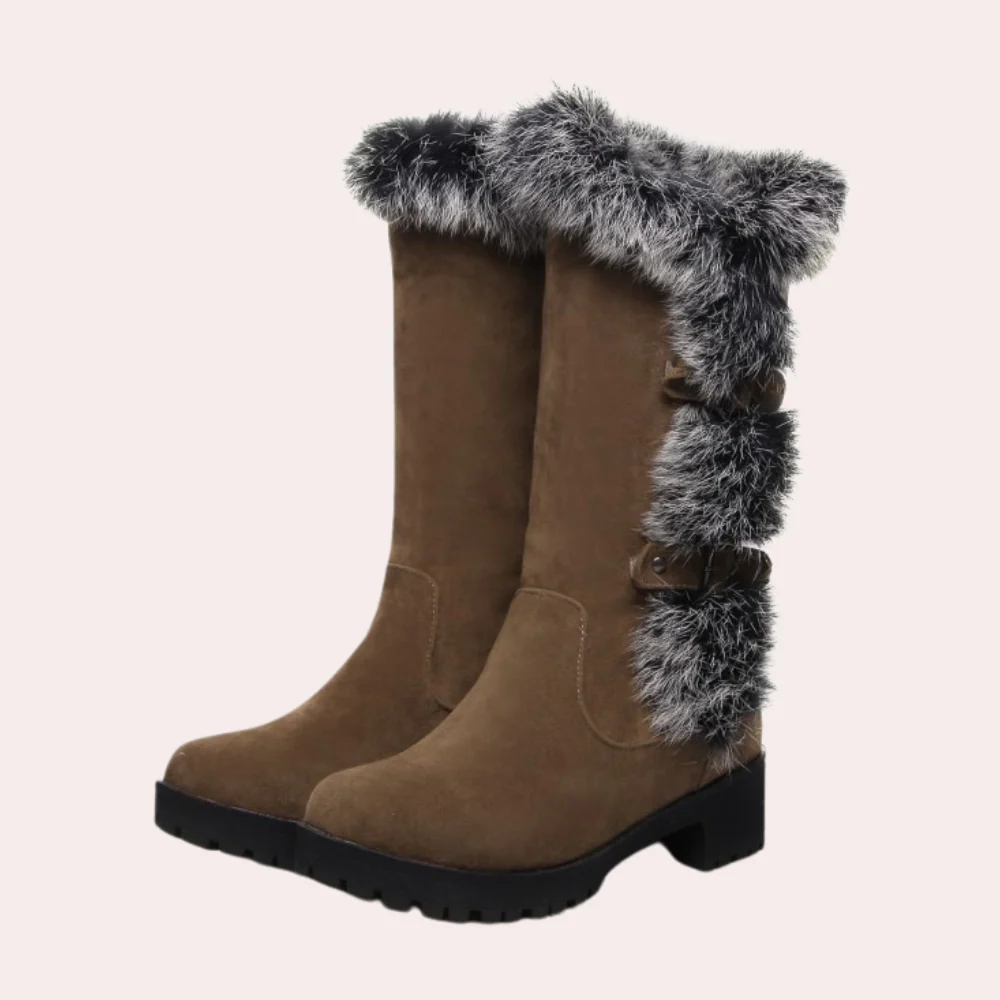 Women’s Knee-High Boots – Suede Touch – Faux Fur Trim – Lug Sole – Buckle Detail