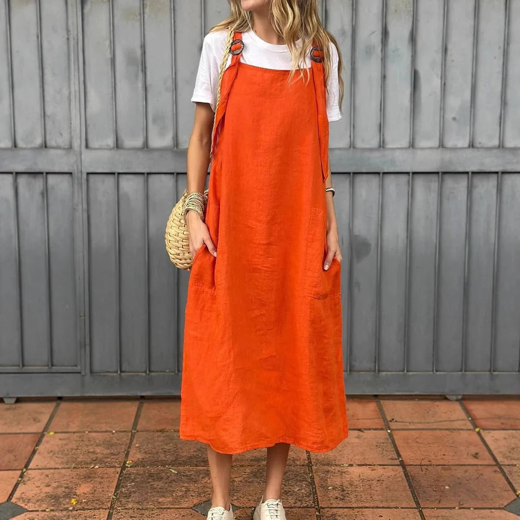 Women’s Midi Dress  – Relaxed Fit – Adjustable Straps – Front Pockets