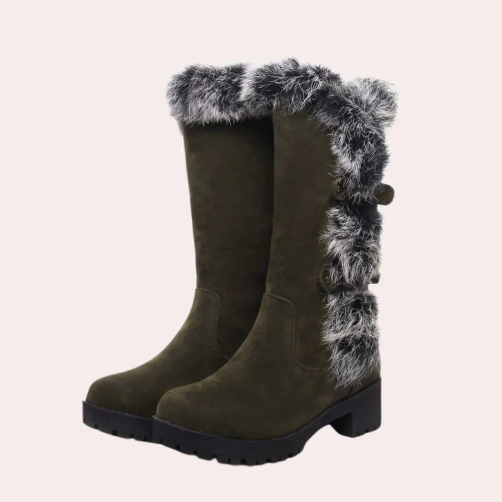 Women’s Knee-High Boots – Suede Touch – Faux Fur Trim – Lug Sole – Buckle Detail