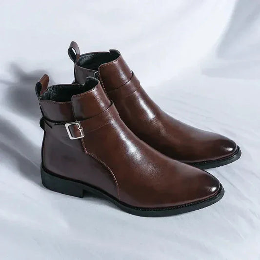 Men’s Chelsea Boots – Smooth Leather – Side Zipper – Buckle Detail – Ankle Length