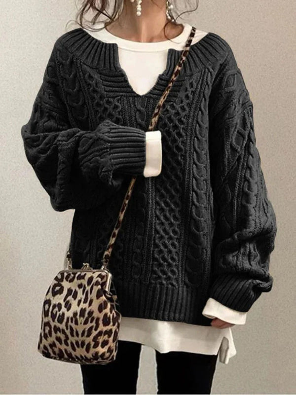 Women’s Sweater – Oversized Fit – Chunky Wool Knit – Cable Design – Notch Round Neck