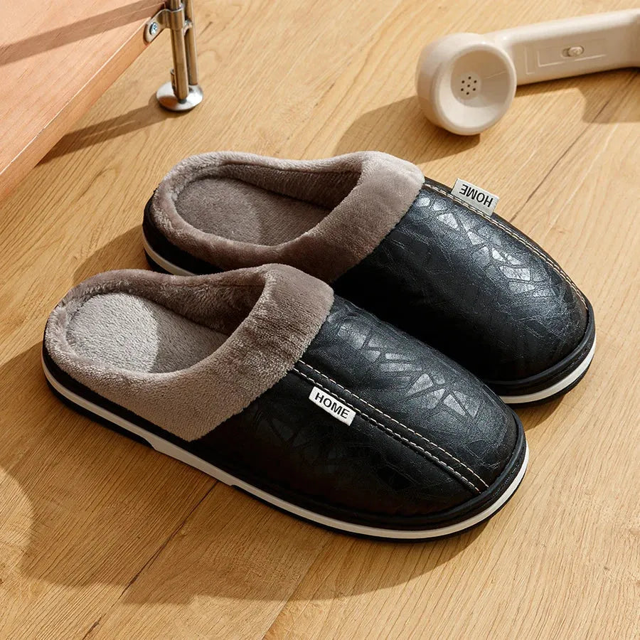 Women’s Slip-On Slippers – Embossed Leather Look – Faux Fur Lining – Indoor Comfort