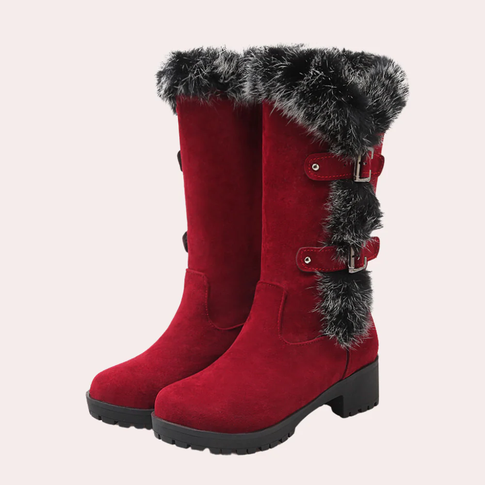 Women’s Knee-High Boots – Suede Touch – Faux Fur Trim – Lug Sole – Buckle Detail