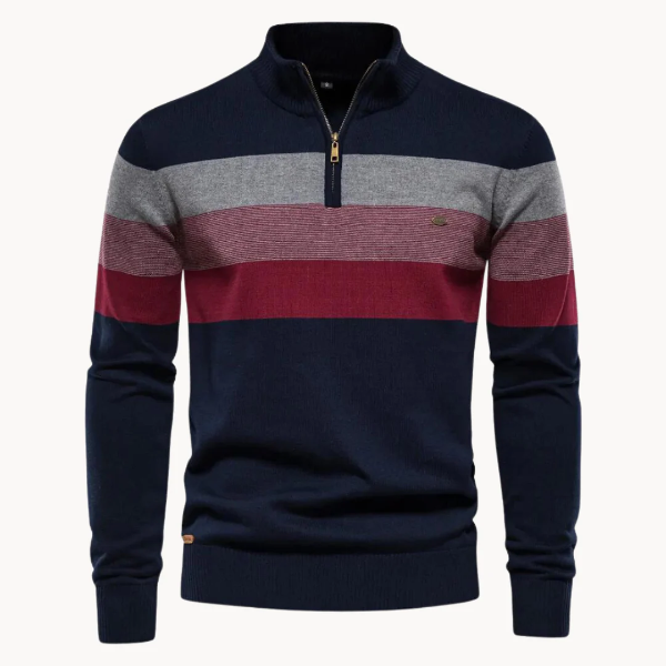 Men’s Quarter-Zip Sweater – Slim Fit – Wool Blend Knit – Ribbed Trim – Striped Chest