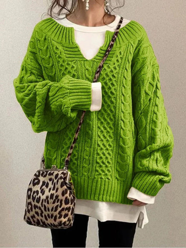 Women’s Sweater – Oversized Fit – Chunky Wool Knit – Cable Design – Notch Round Neck
