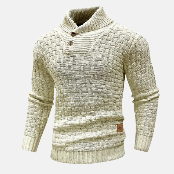 Men’s Knit Sweater – Wool Blend – Regular Fit – Shawl Collar – Button Neck – Textured Weave
